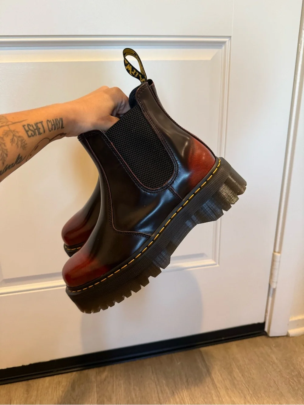 Leather 2976 Quad Chelsea Platform Boots in Black and cherry red NWOT